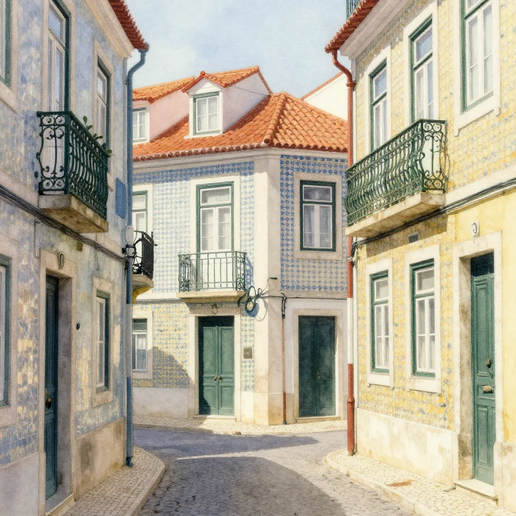 A serene watercolor painting depicting a quaint Lisbon alley...