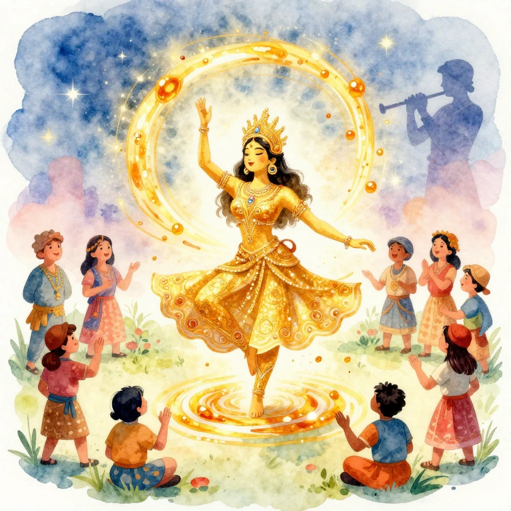 Vibrant watercolor style. Folk art illustration: Golden avat...