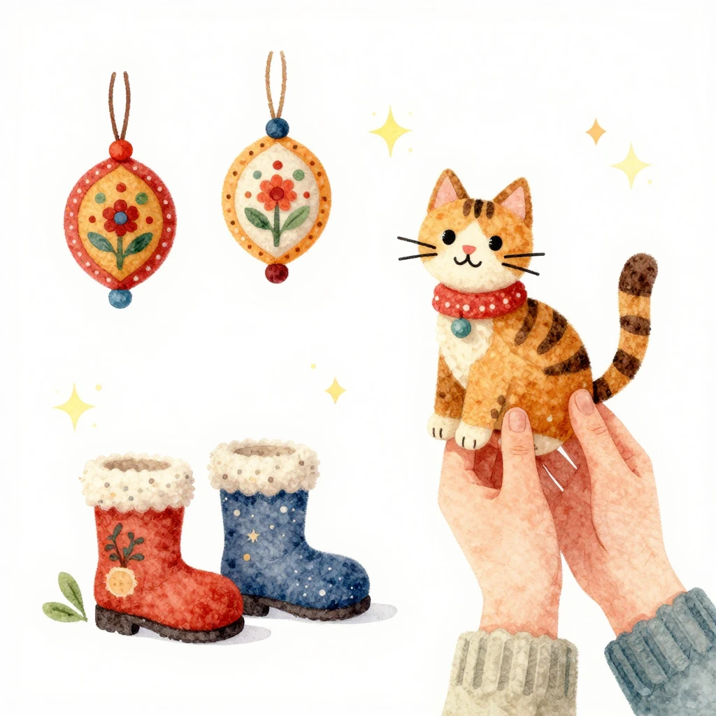 Watercolor illustration with miniature colorful felt boots, ...
