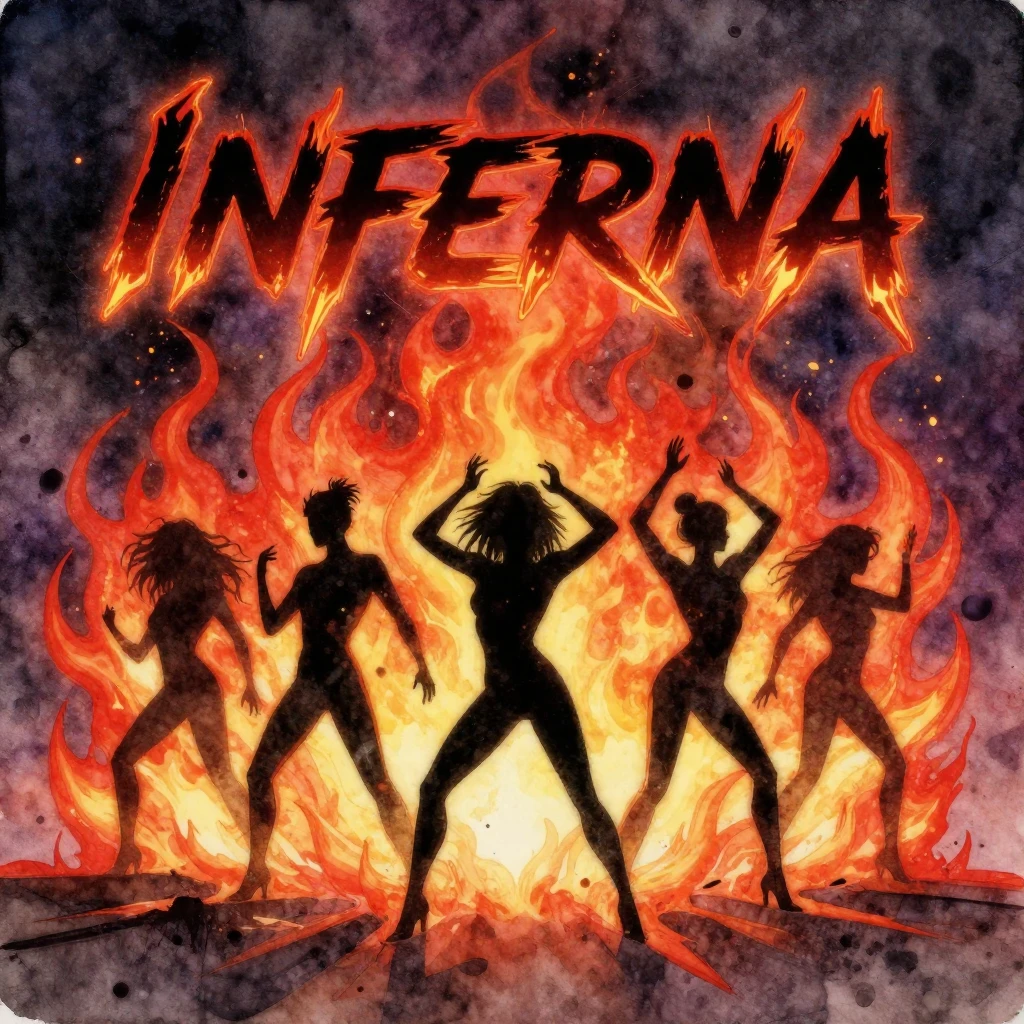 Vibrant watercolor style. 80s glam metal album cover, infern...