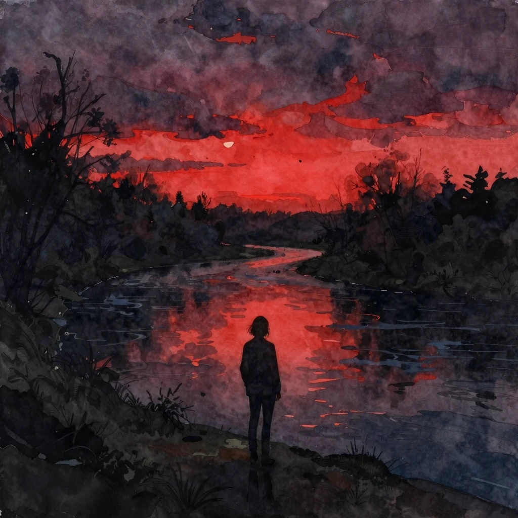 Vibrant watercolor style. Dark, melancholic R&B album art. A...