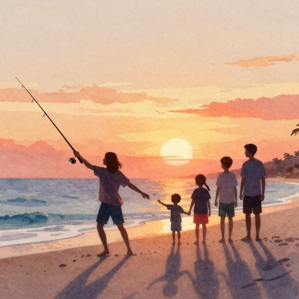 A vibrant watercolor style image of a family silhouette enjo...
