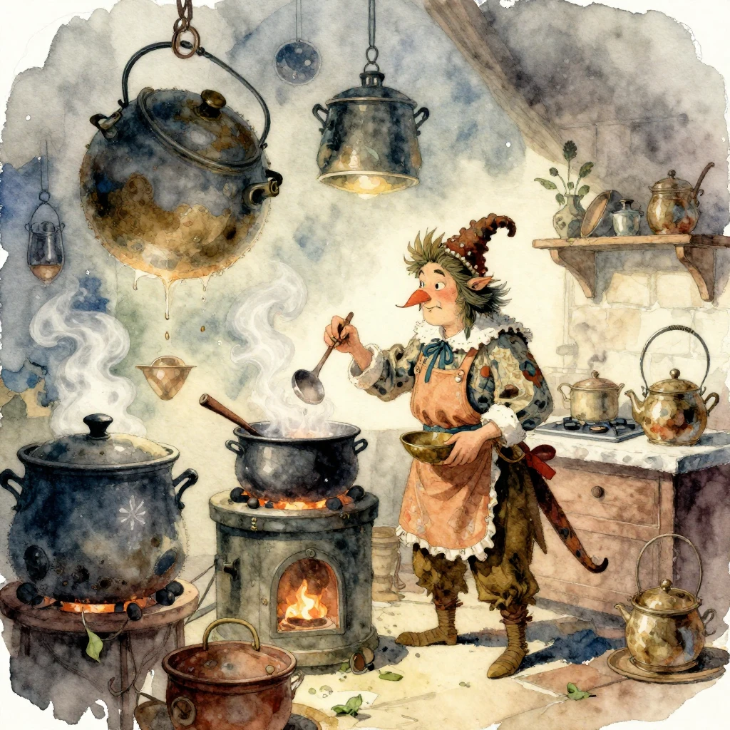 A watercolor illustration of a magical kitchen where a fanta...