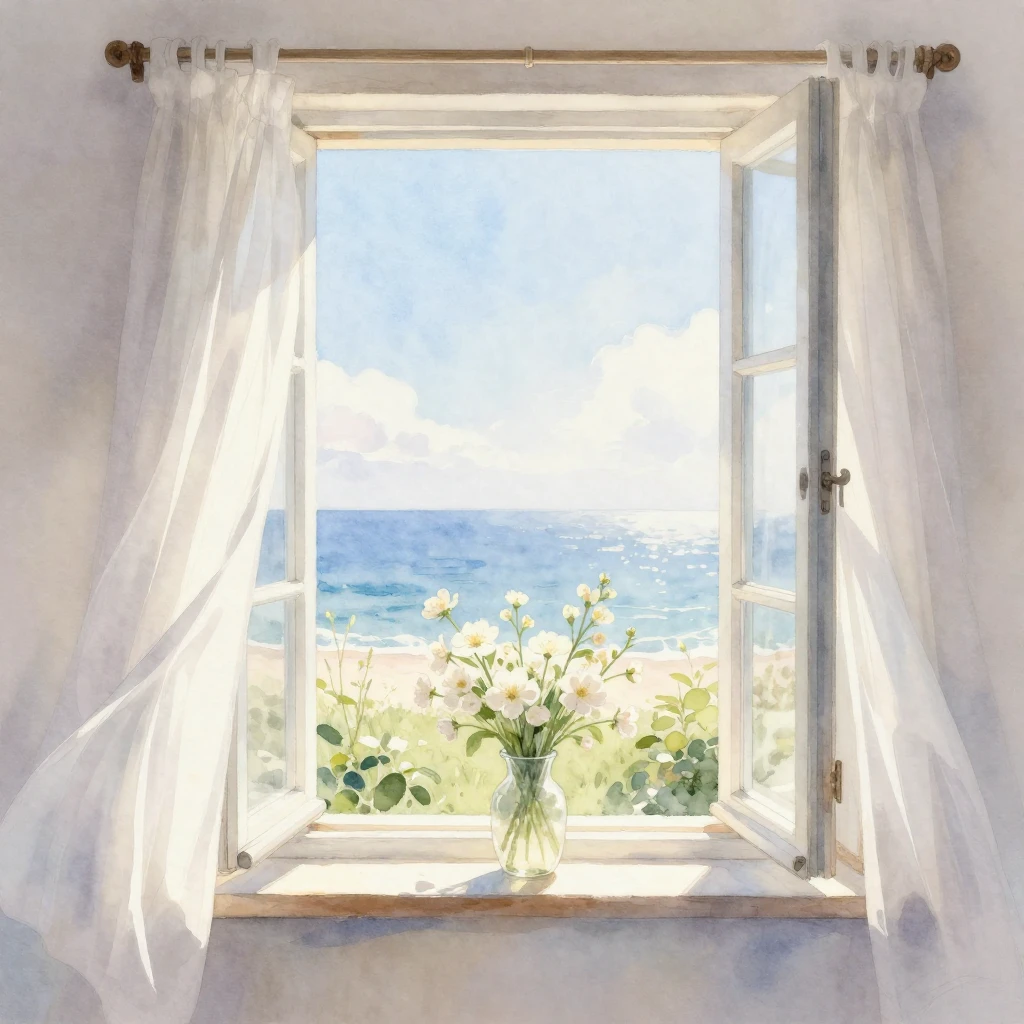 A bright open window with white curtains blowing gently in t...