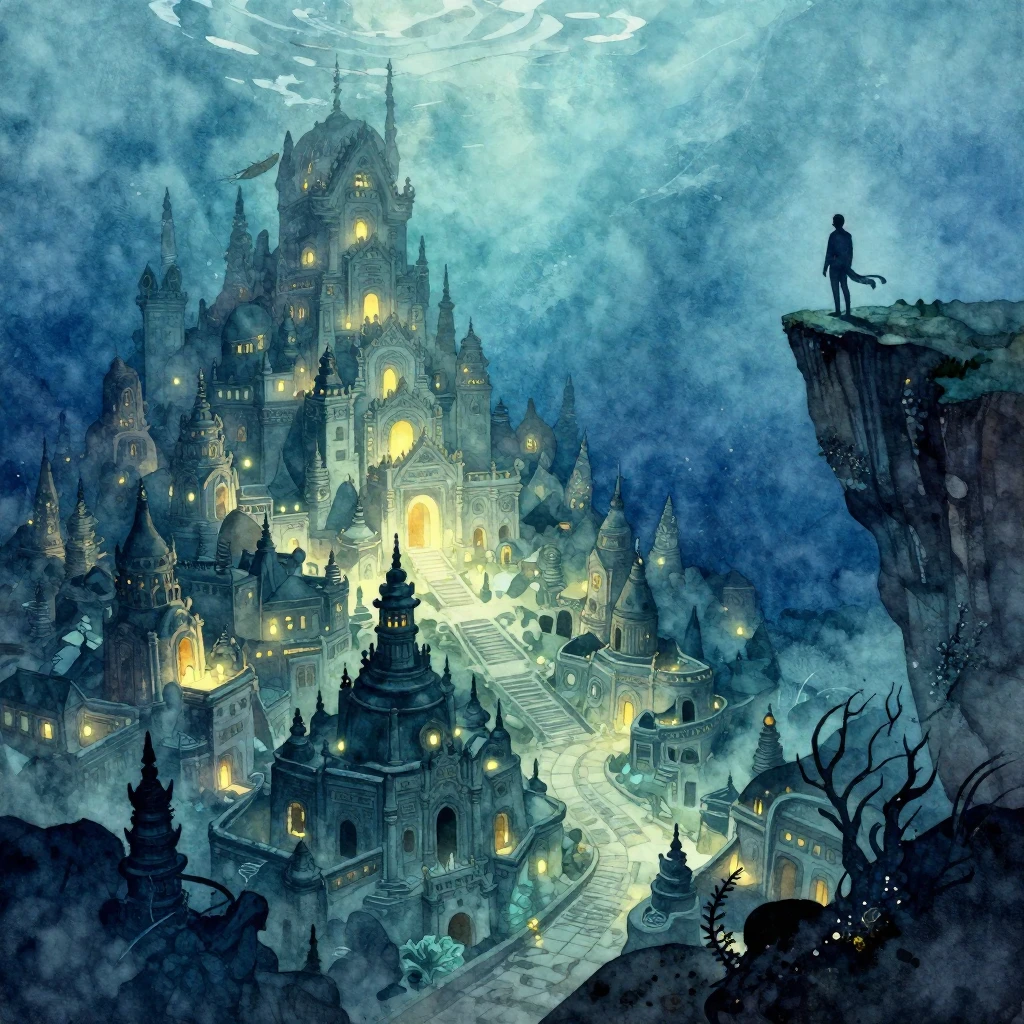 A watercolor painting depicting a breathtaking ancient city ...