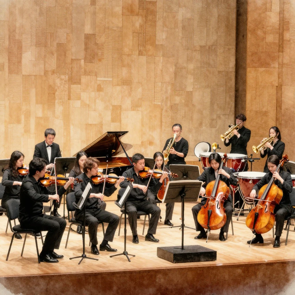 A grand symphony orchestra performing on stage, musicians wi...