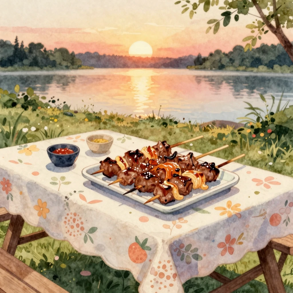 Watercolor illustration of delicious grilled meat skewers on...