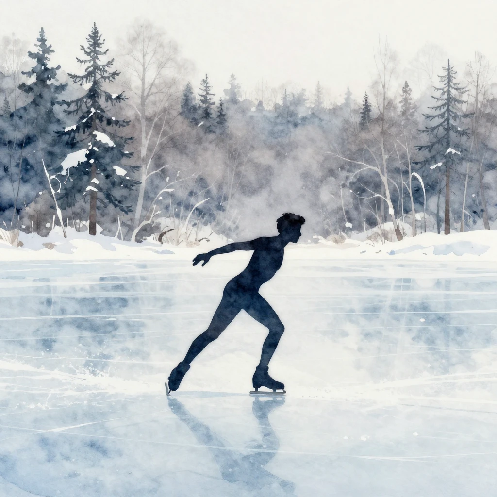 Watercolor style. Silhouette of a figure skater gliding on a...