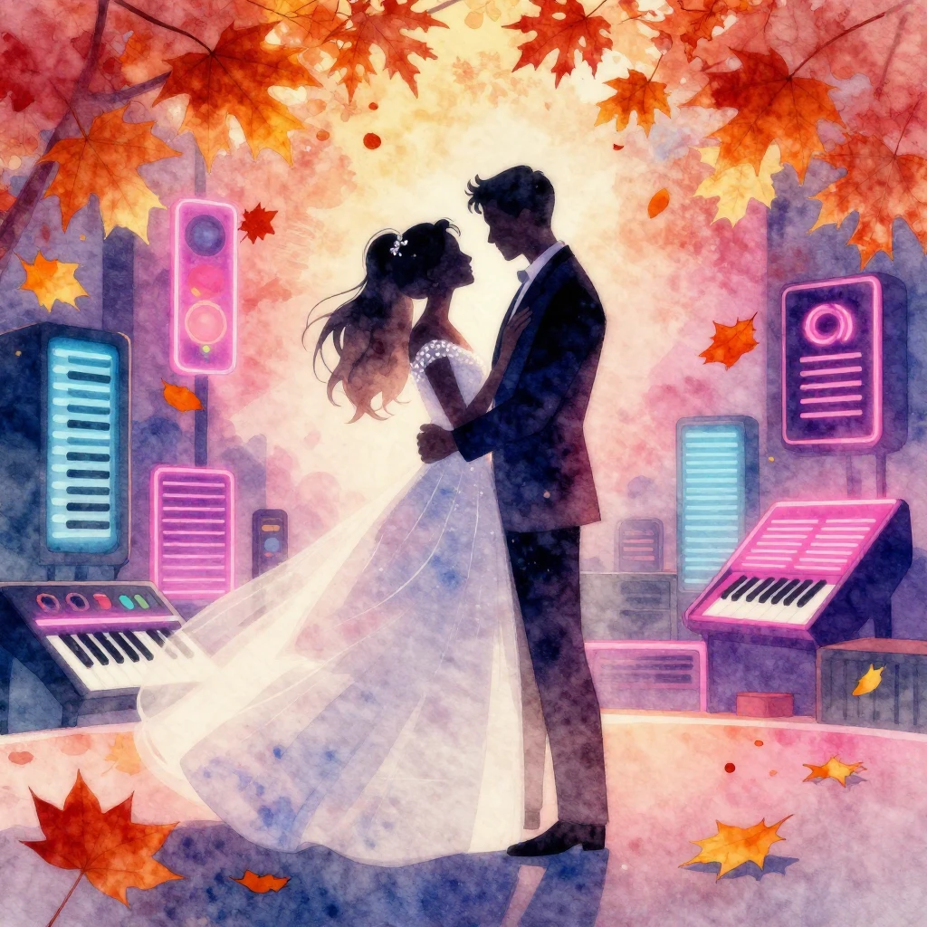 Vibrant watercolor style. 80s EDM wedding, autumn leaves dan...