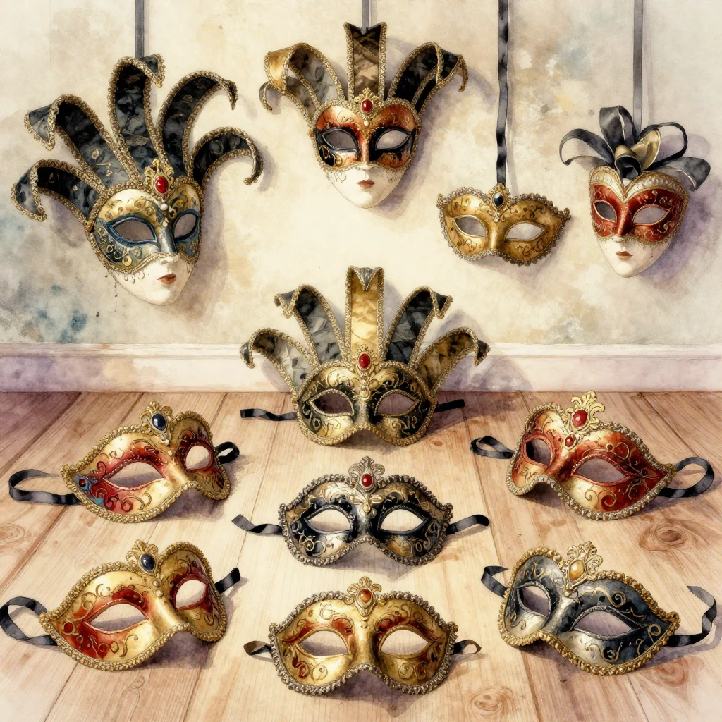 A collection of ornate Venetian masks, some discarded on a w...