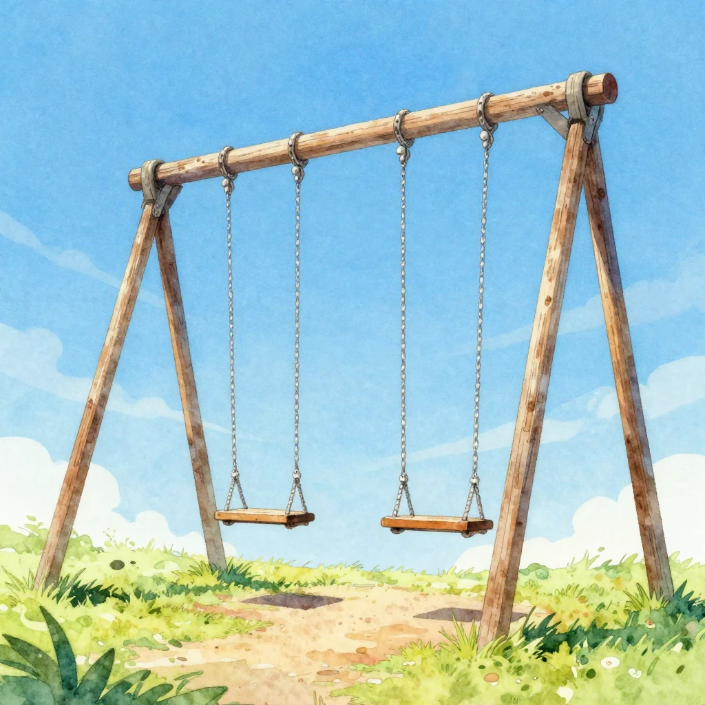 A vibrant, whimsical watercolor illustration of an empty swi...