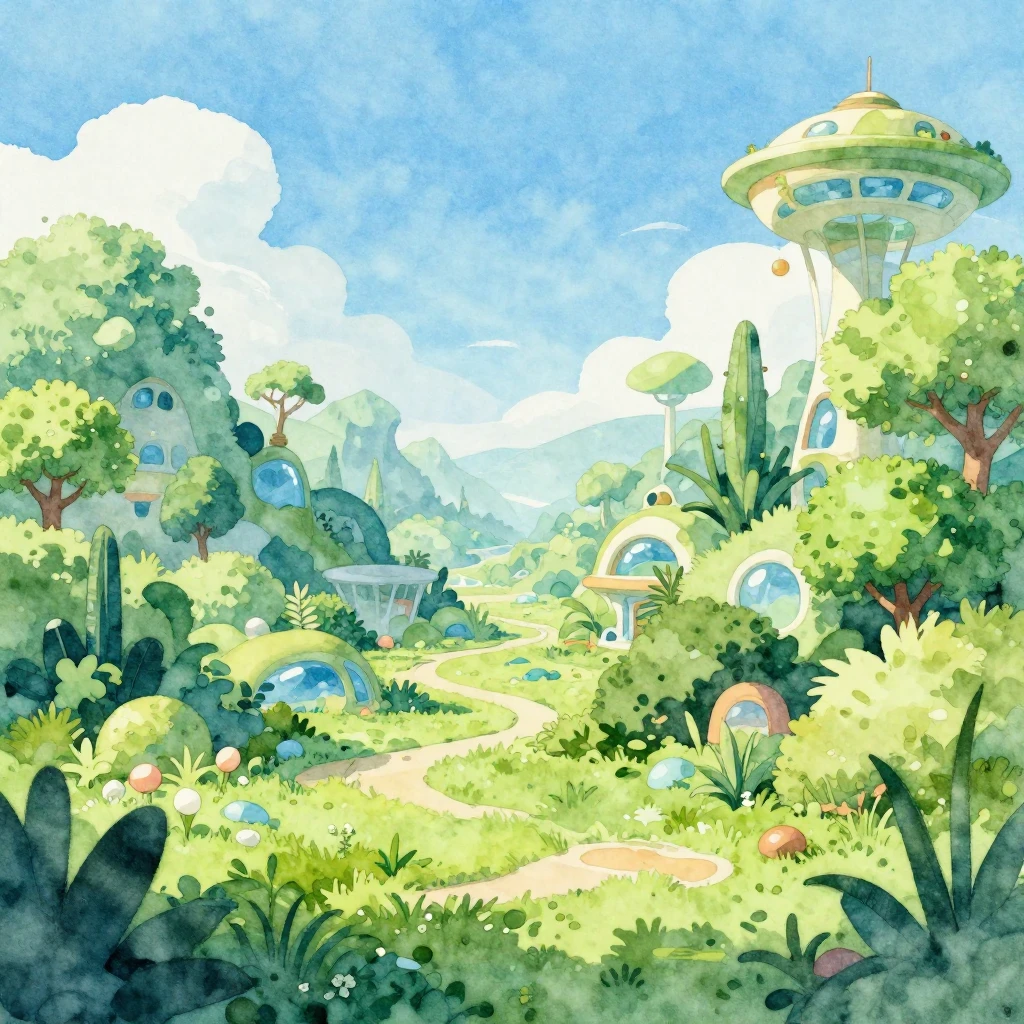 A vibrant watercolor style image depicting a serene, futuris...