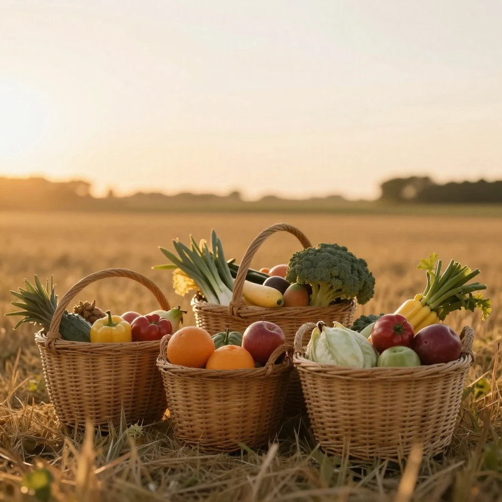A tranquil harvest scene bathed in soft golden hour light. B...
