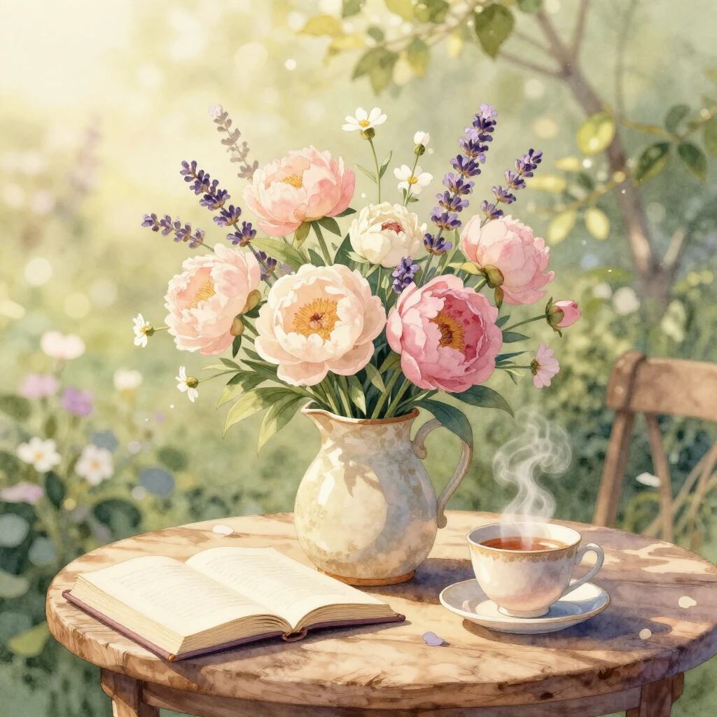 A delicate and warm watercolor illustration of a cozy sunlit...
