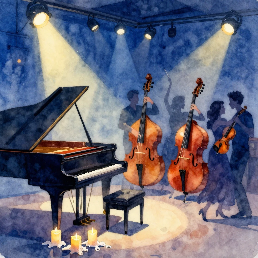A vibrant blues club scene in watercolor style, with a spotl...