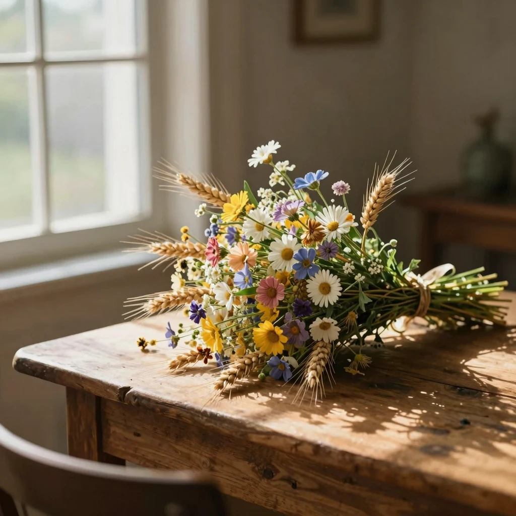 A rustic wooden table with a beautiful bouquet of wildflower...