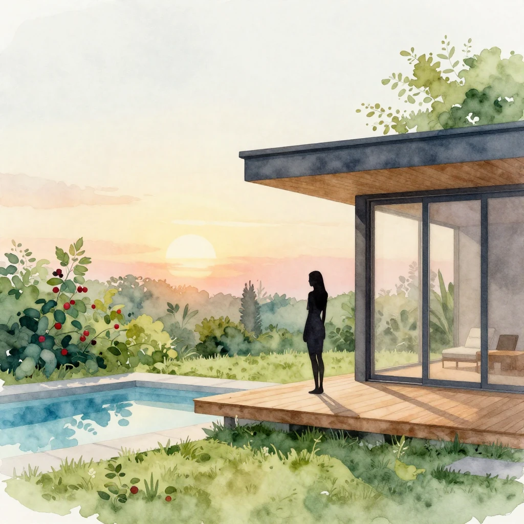 A watercolor painting of a modern summer house at sunset. A ...