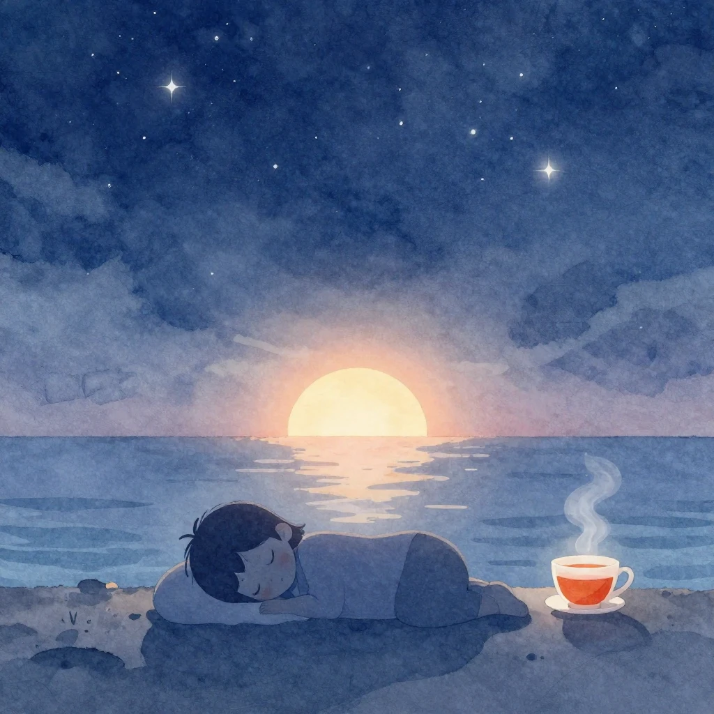 A serene watercolor illustration depicting a calm sea under ...