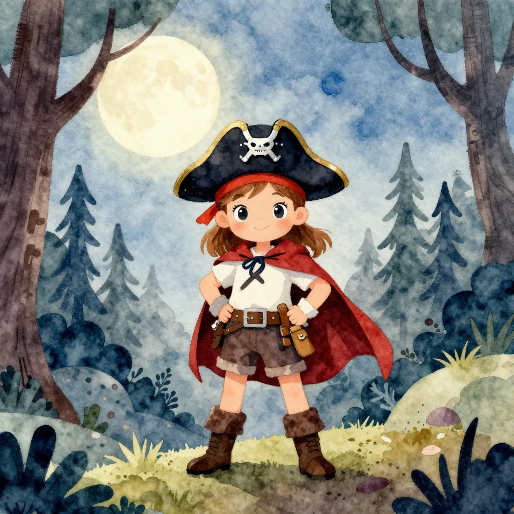 Watercolor painting of a small girl in a pirate hat and cape...