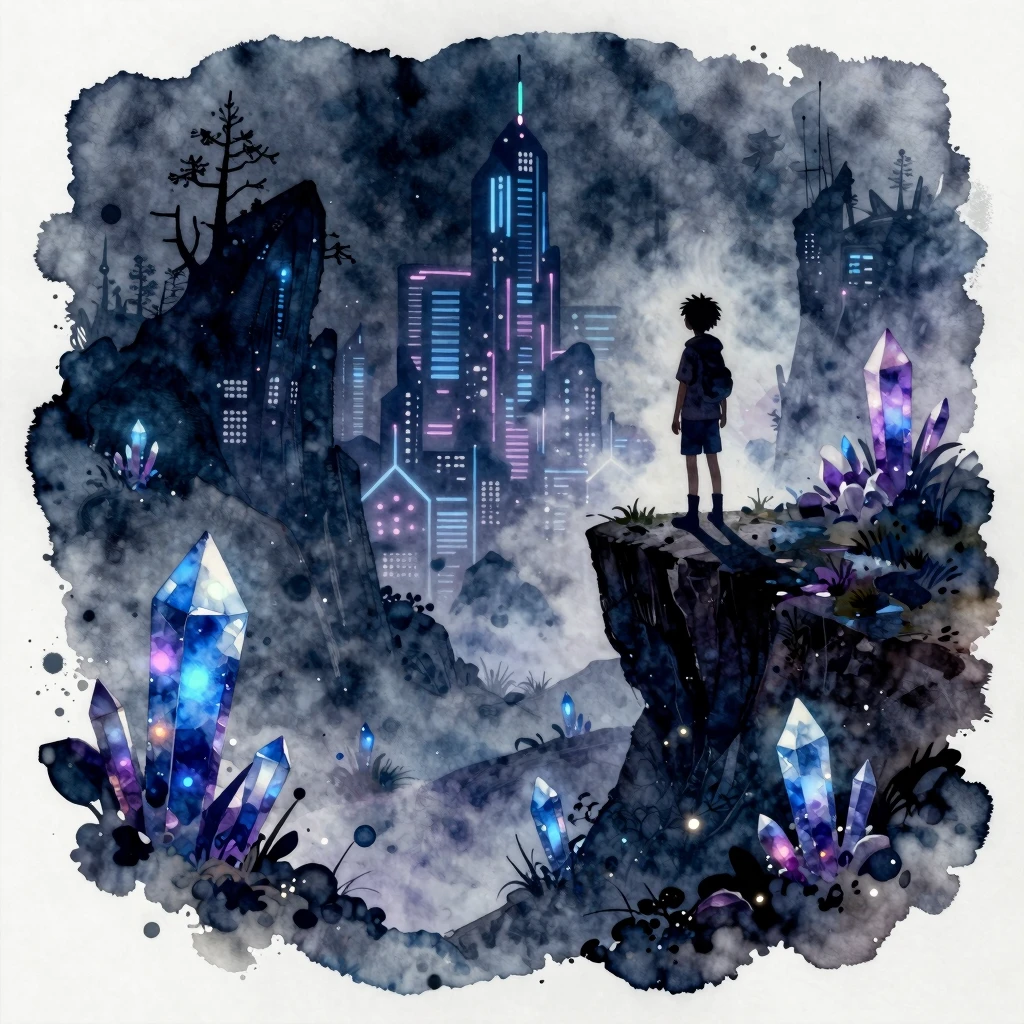 Watercolor style. A mysterious dark landscape with glowing b...