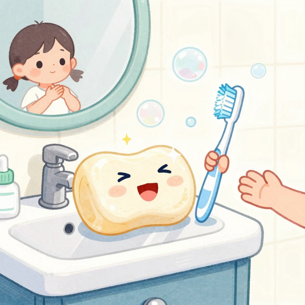 A cheerful cartoon style. A bright, clean bathroom with a ha...