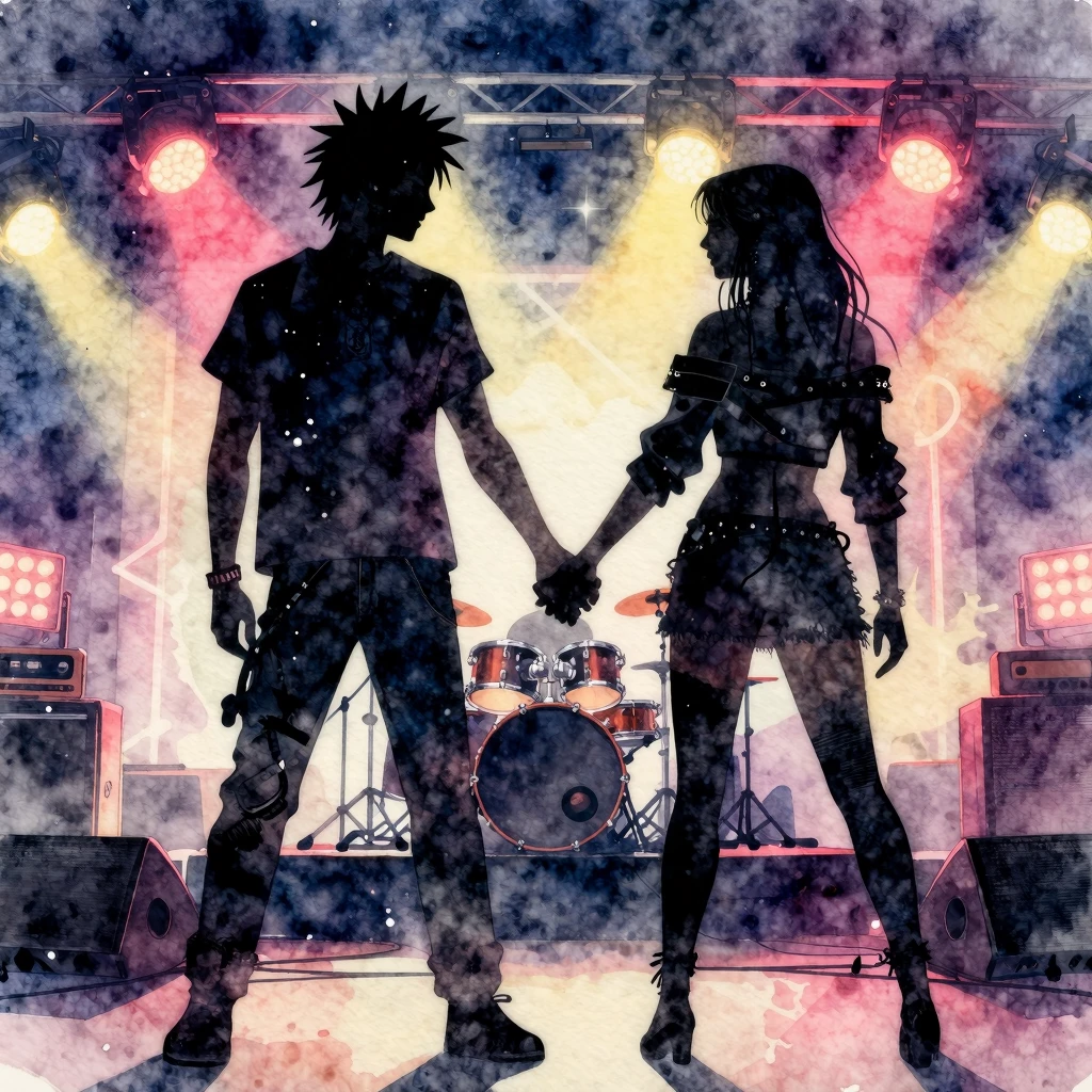 Watercolor style. A silhouette of a couple holding hands on ...