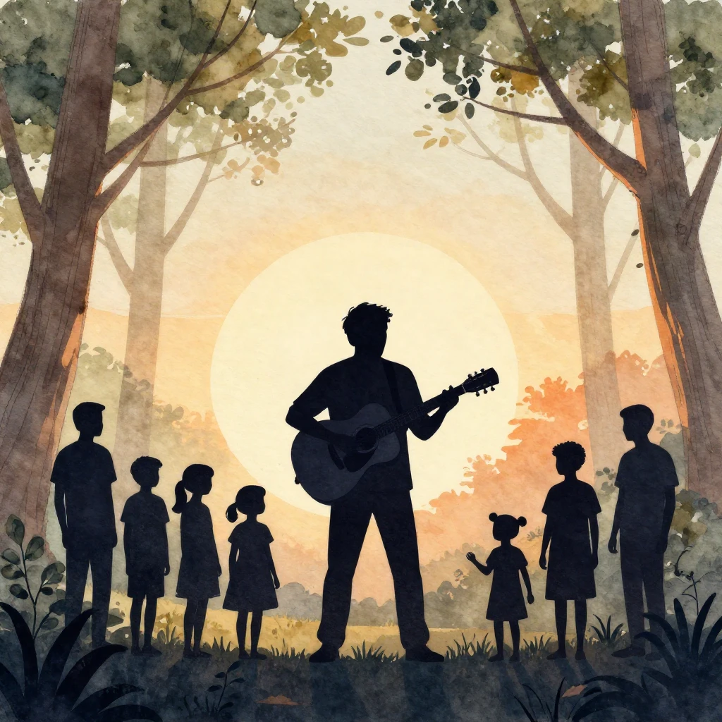 Watercolor style silhouette of a man playing acoustic guitar...