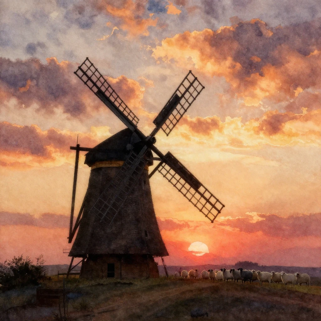 Watercolor painting depicting a solitary windmill as a silho...