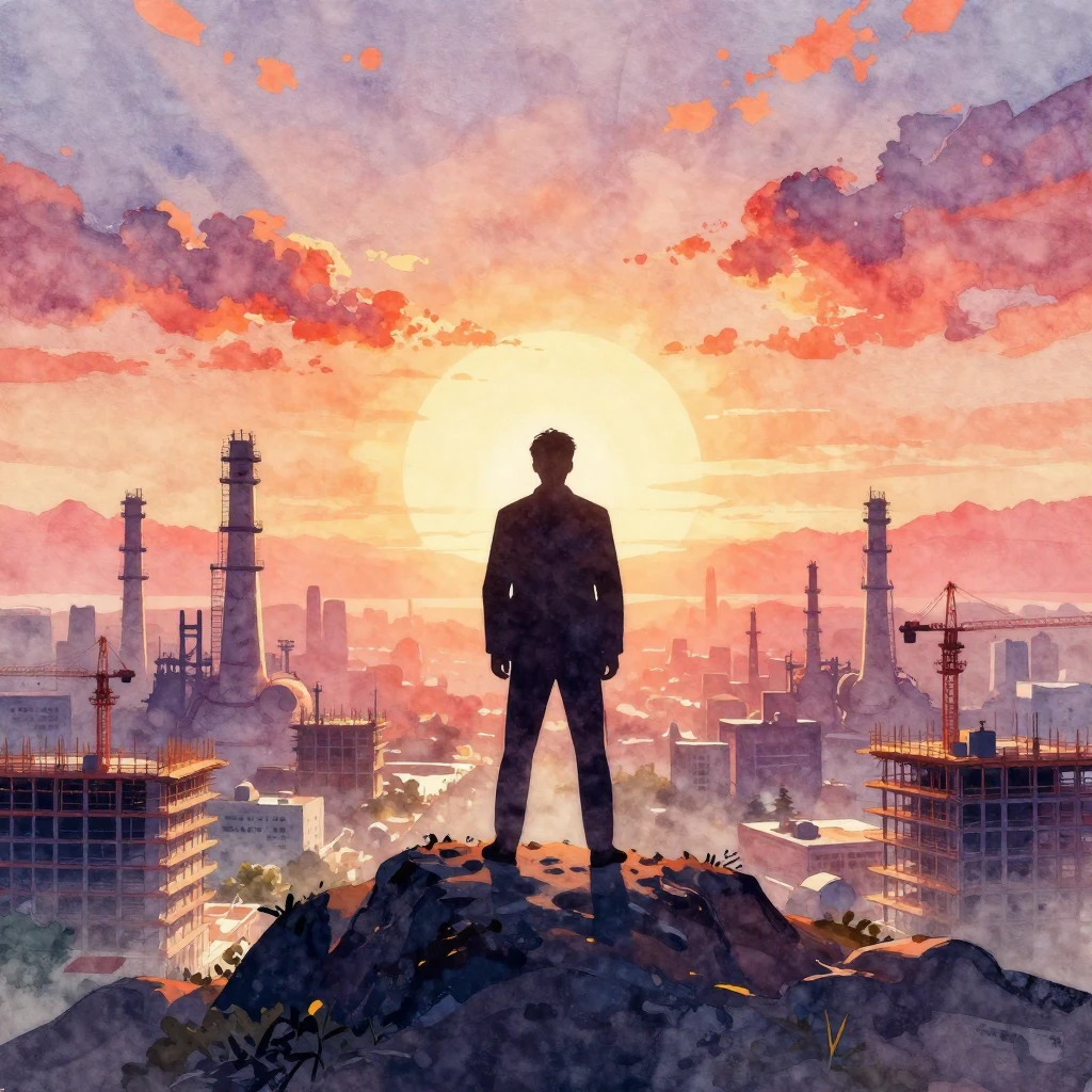 Vibrant watercolor style. A strong silhouette of a leader st...