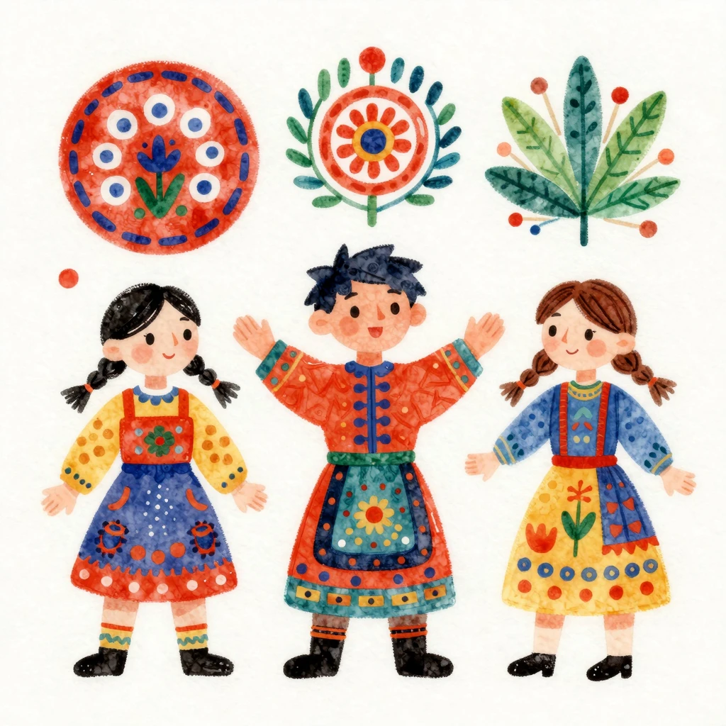 Vibrant folk art watercolor illustration of a cheerful scene...