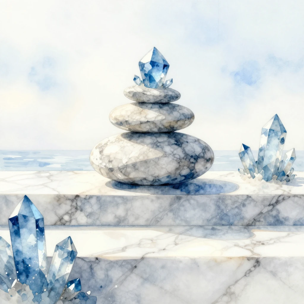 Watercolor composition with polished marble steps, transluce...
