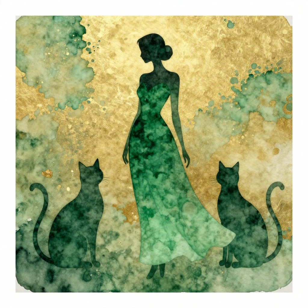 A watercolor painting with an emerald and gold background. I...