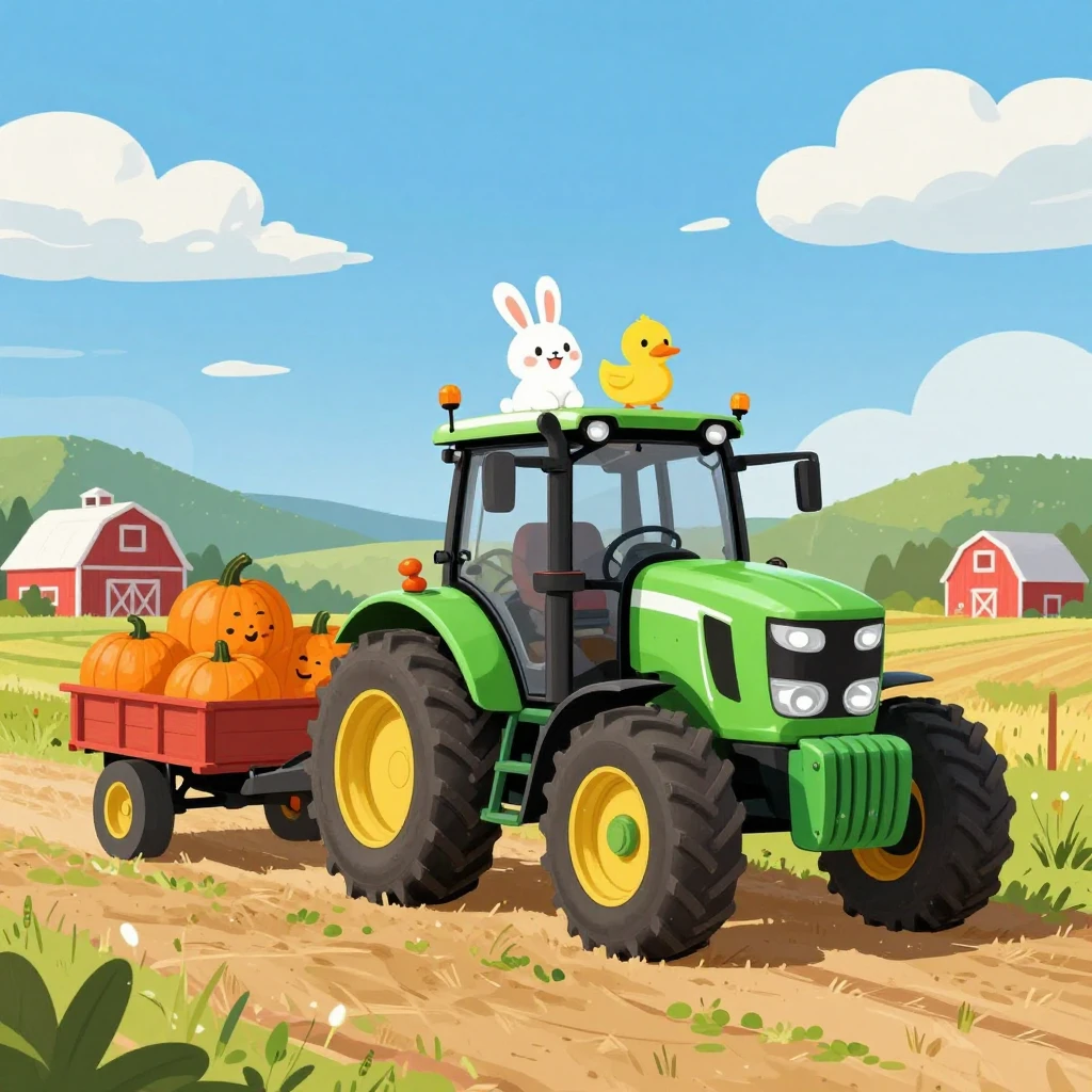 A bright green tractor with a smiling face, driving across a...