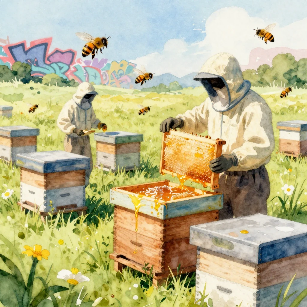 A vibrant watercolor painting of an apiary in a sunny meadow...