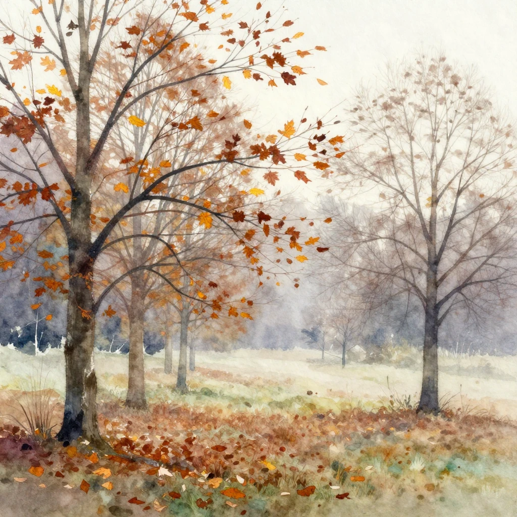 Vibrant watercolor painting depicting a cool and crisp Novem...