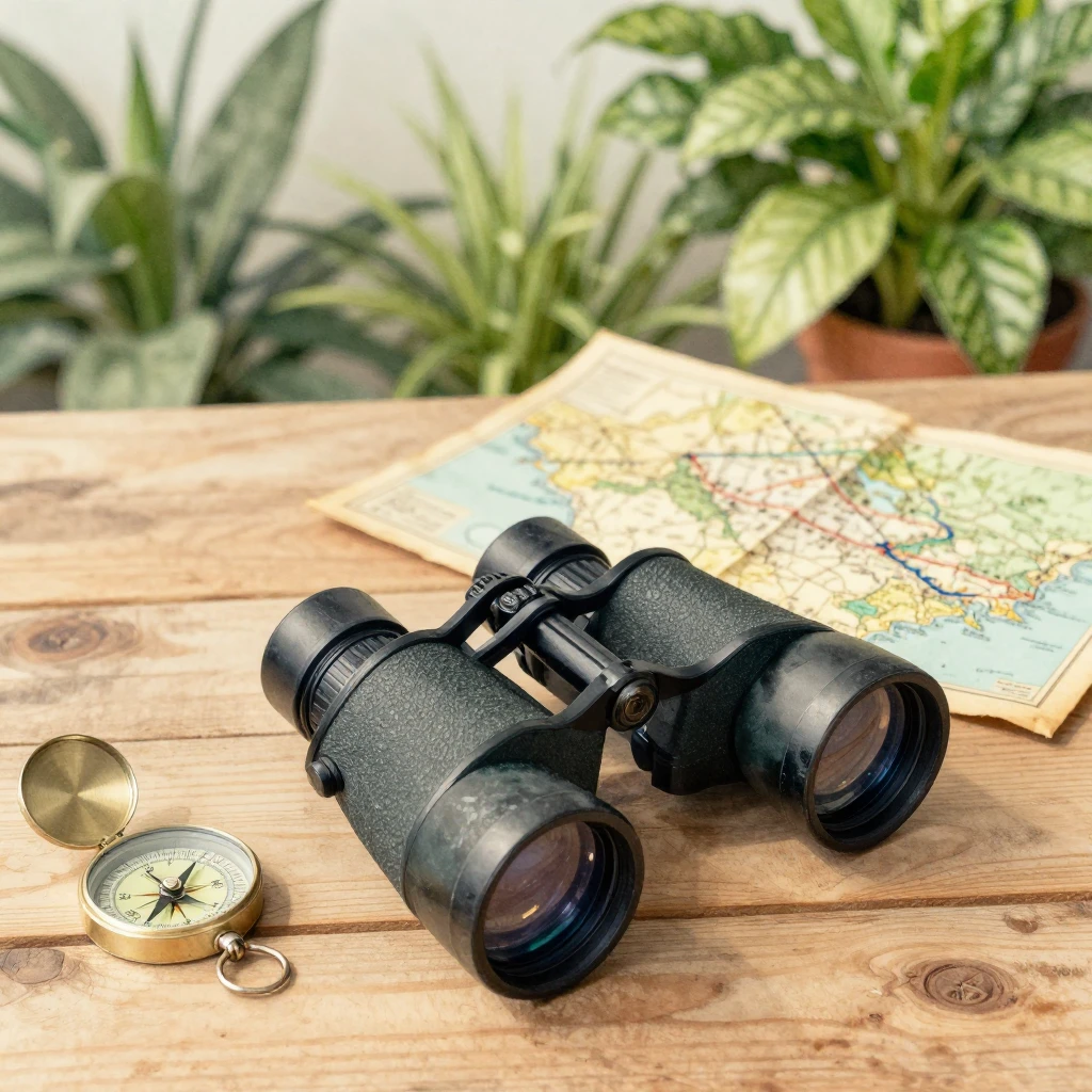 Watercolor style. A pair of binoculars lying on a wooden tab...