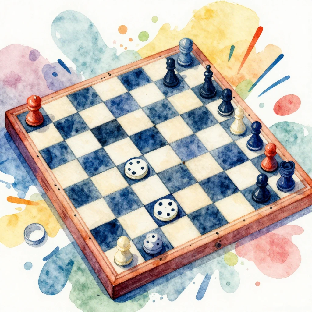 Vibrant watercolor illustration of a checkers board with sty...
