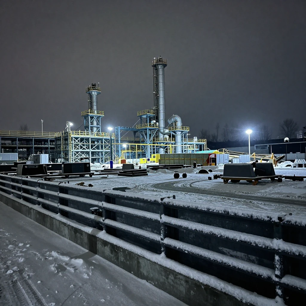 A snowy industrial construction site at night, illuminated b...