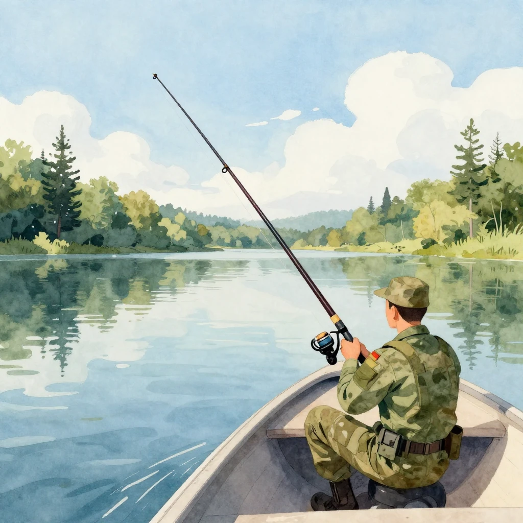 A vibrant watercolor illustration depicting a serene fishing...