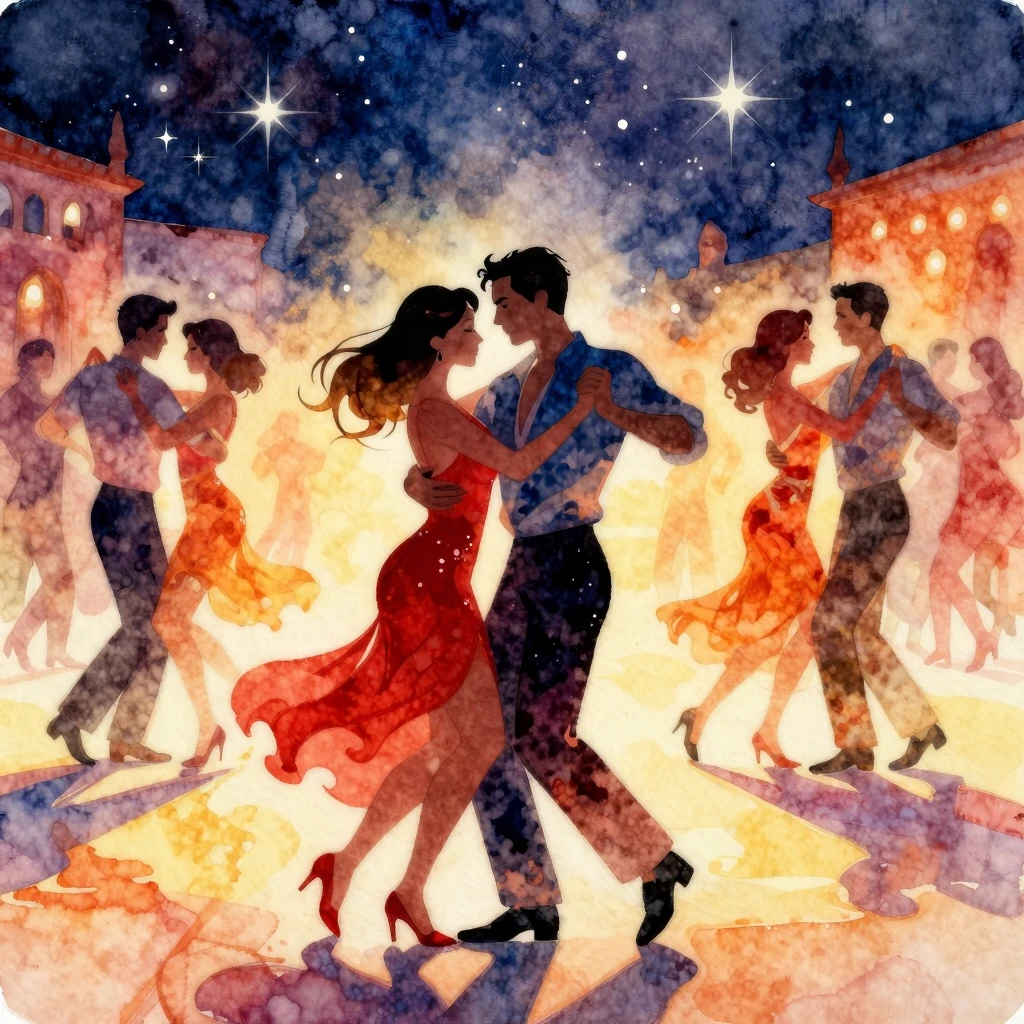 Vibrant watercolor illustration of a lively Latin dance part...