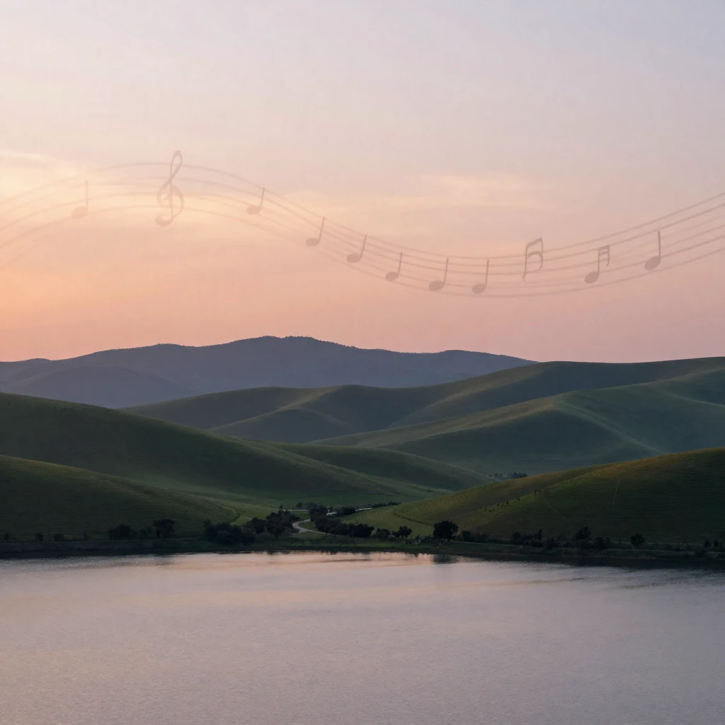 A serene landscape with gentle rolling hills and a calm lake...