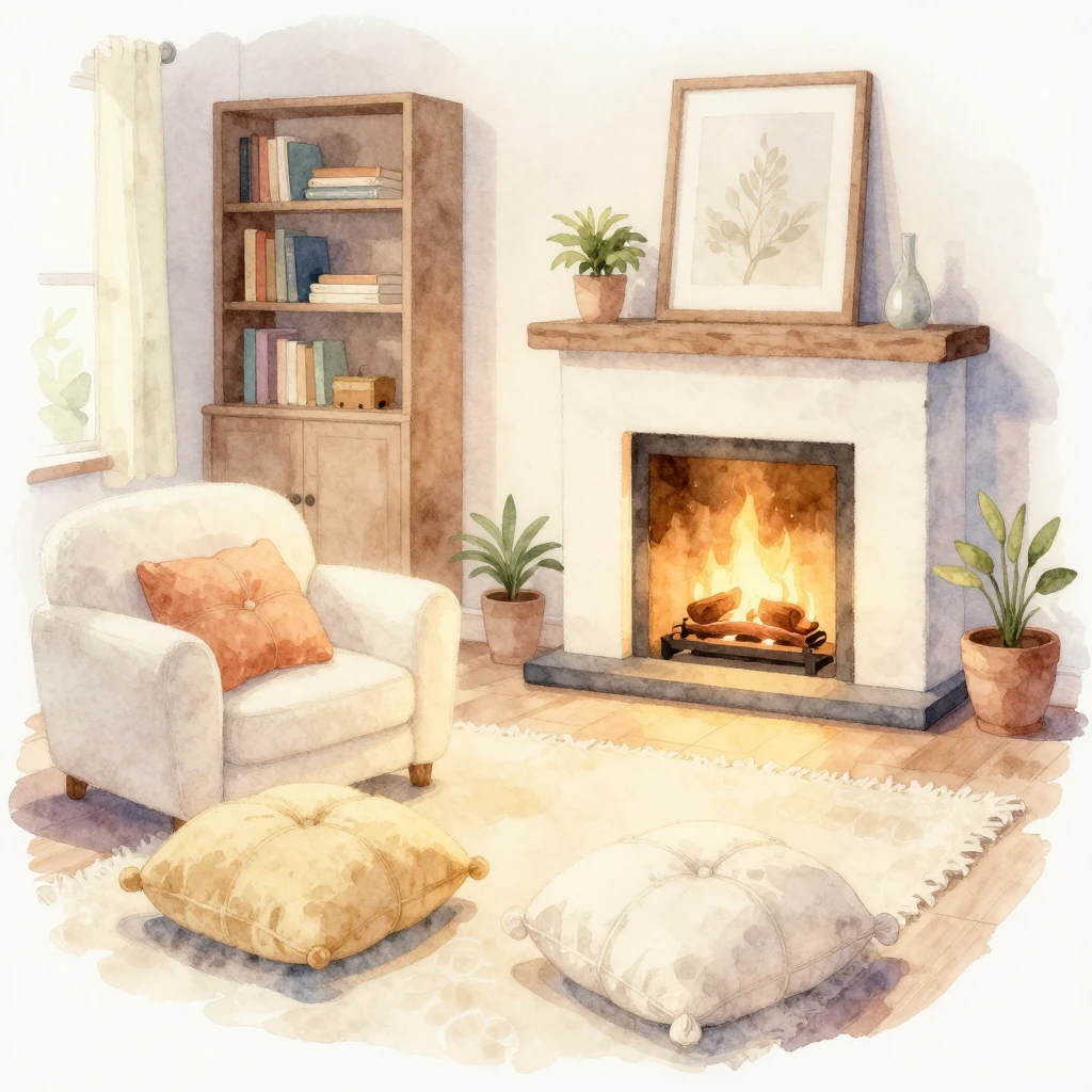 A watercolor illustration of a cozy living room with soft li...