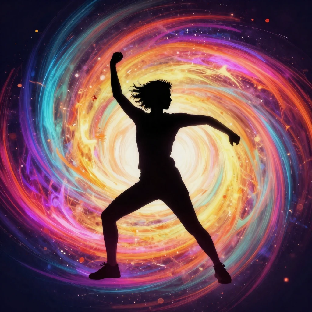 A vibrant, energetic silhouette of a person, surrounded by a...