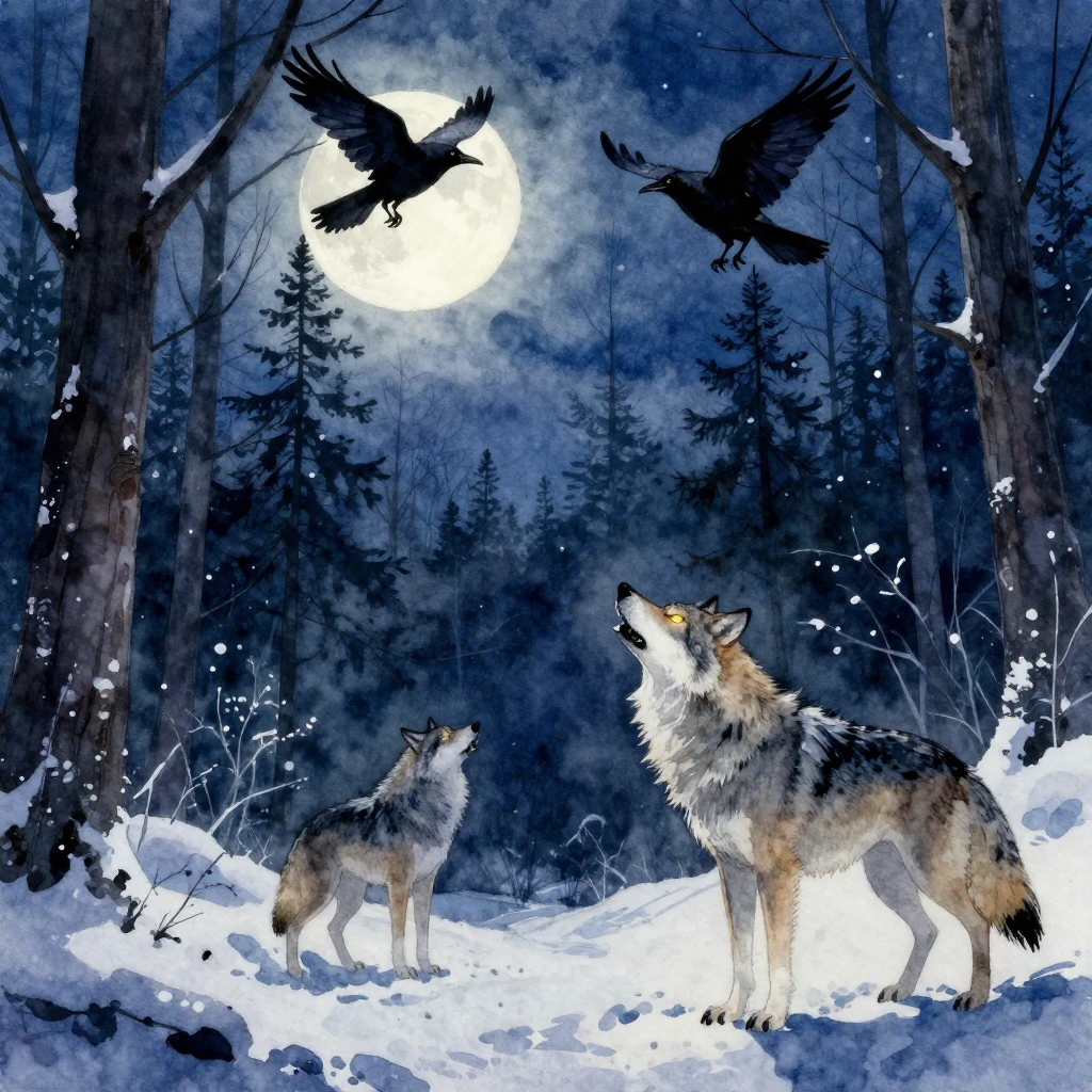 Howling wolves' eyes glow in the distance in a dark, snowy f...