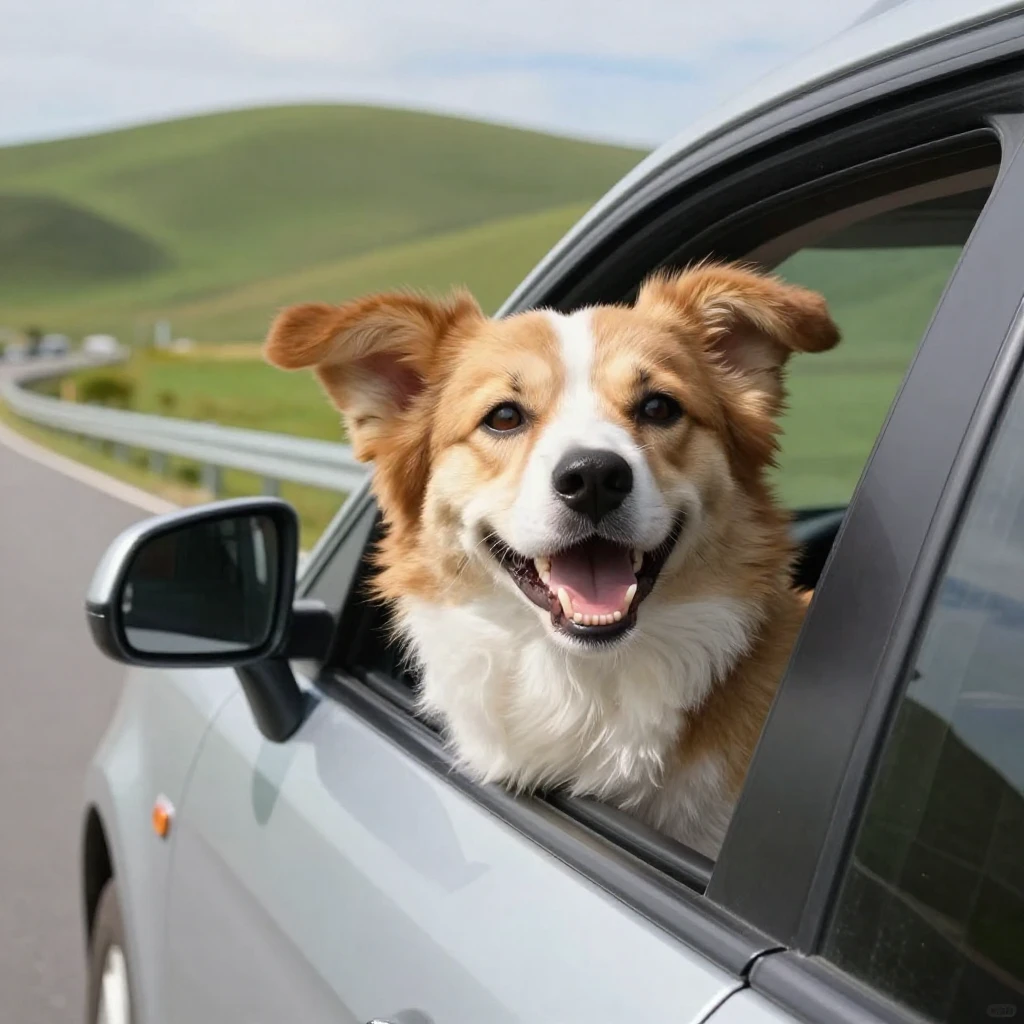 A happy dog with its head sticking out of a car window, ears...