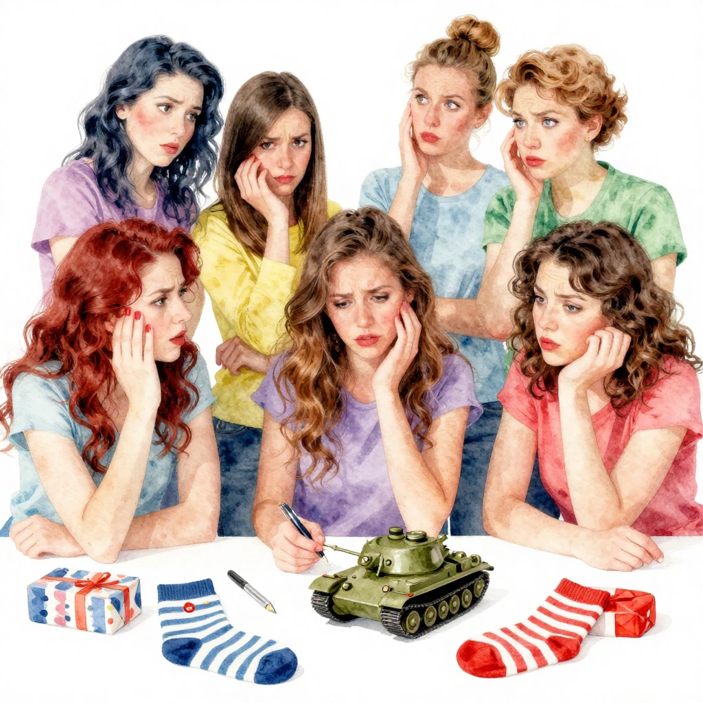 A group of women with playful exasperation, surrounded by va...