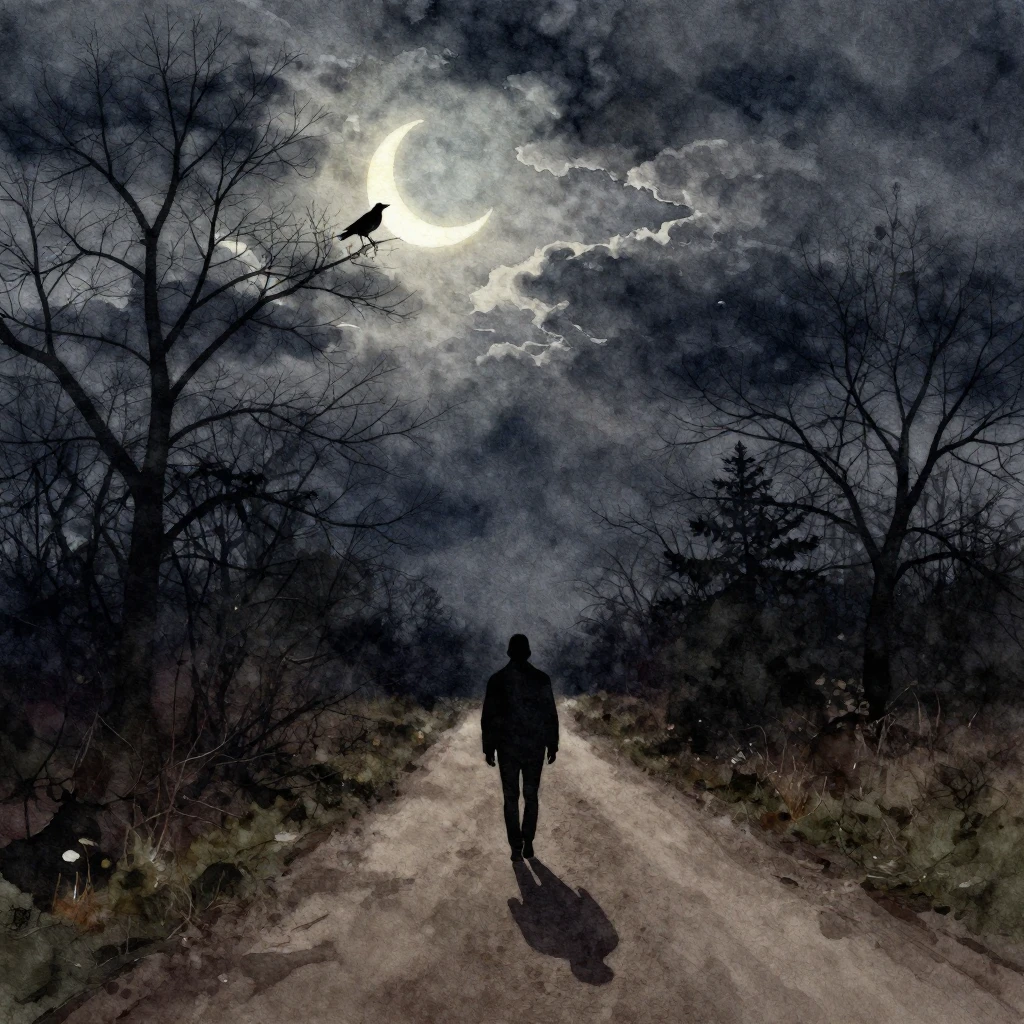 Watercolor style, a dramatic night scene with a gloomy atmos...