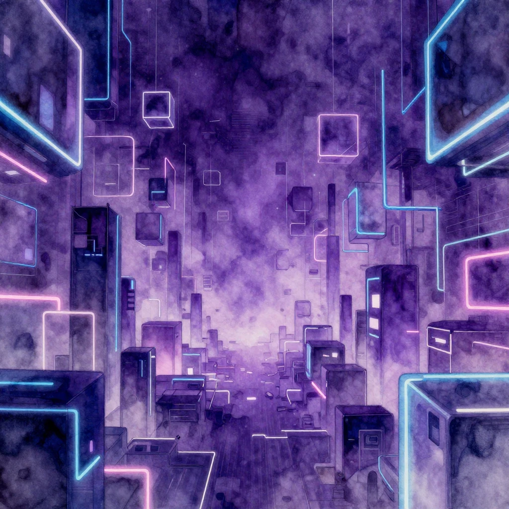 A cyberpunk-inspired digital landscape, watercolor style, de...