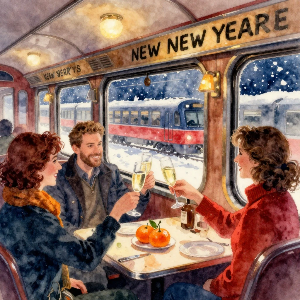 A vibrant watercolor painting of a New Year's Eve celebratio...