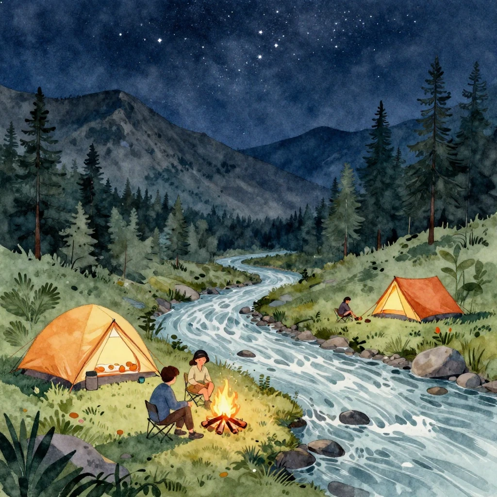 A watercolor painting depicting a group of friends camping b...